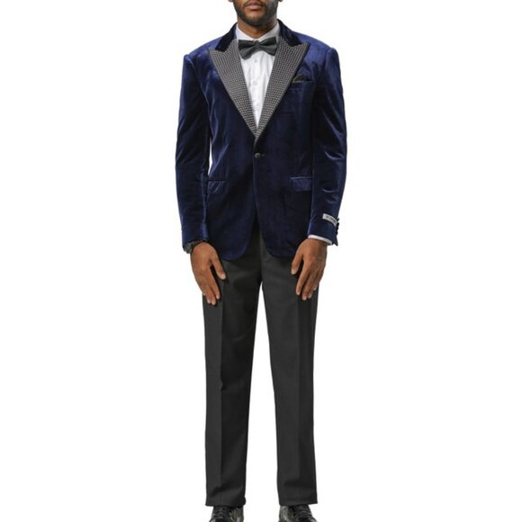 Navy Velvet Rhine Stone-Embedded Peak Lapel Stacy Adams Men's Jacket - Picture 1 of 2